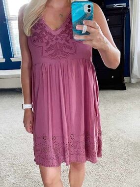 #138 - Knox Rose Mauve Embroidered V-Neck Mini Dress